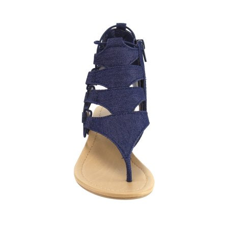 Dartina: Elastic Lace Side Zipper Backless Wedge Sandal in Denim Blue