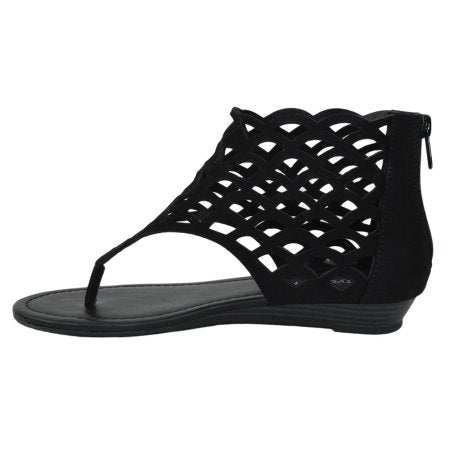 Direst: Thongs Cut Out Gladiator Short Heel Back Zipper Sandal in Black