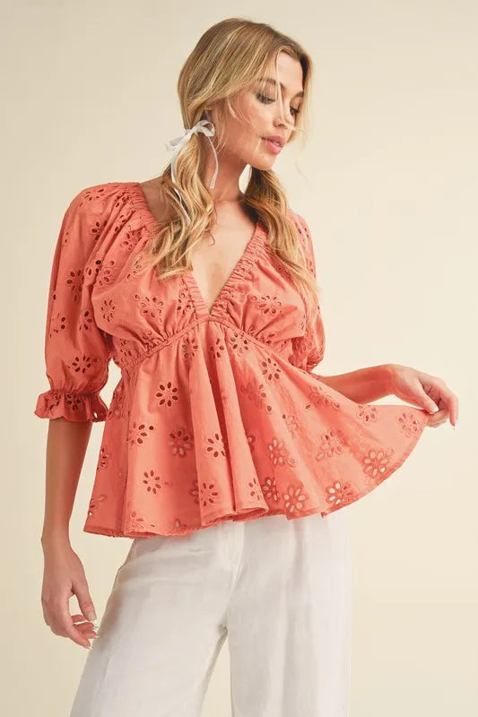 Aemi + Co Eyelet Embroidered V-Neck Peplum Blouse