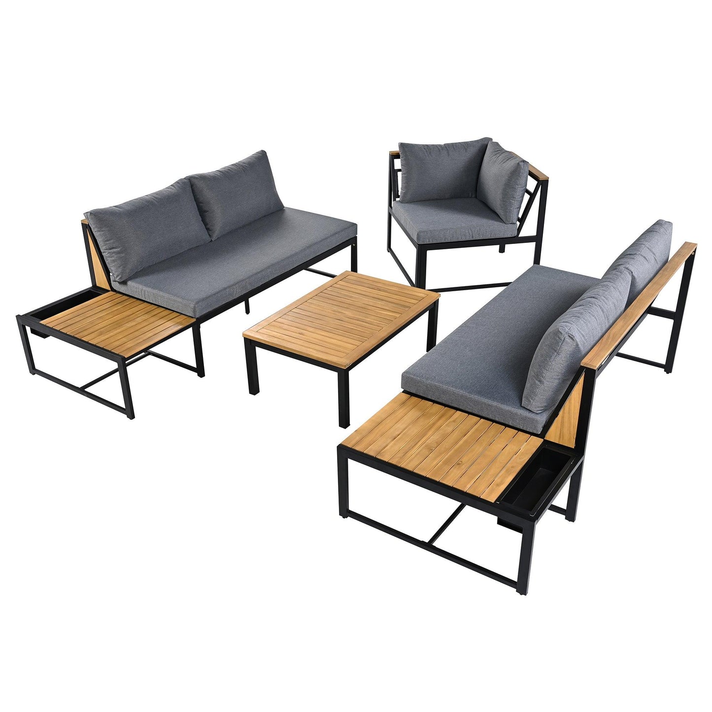 Patio Furniture Set with Loveseats, 4 Pieces Outdoor Sofa Set with Waterproof Cushions, Durable Iron-Wood Design for Garden, Backyard, Poolside
