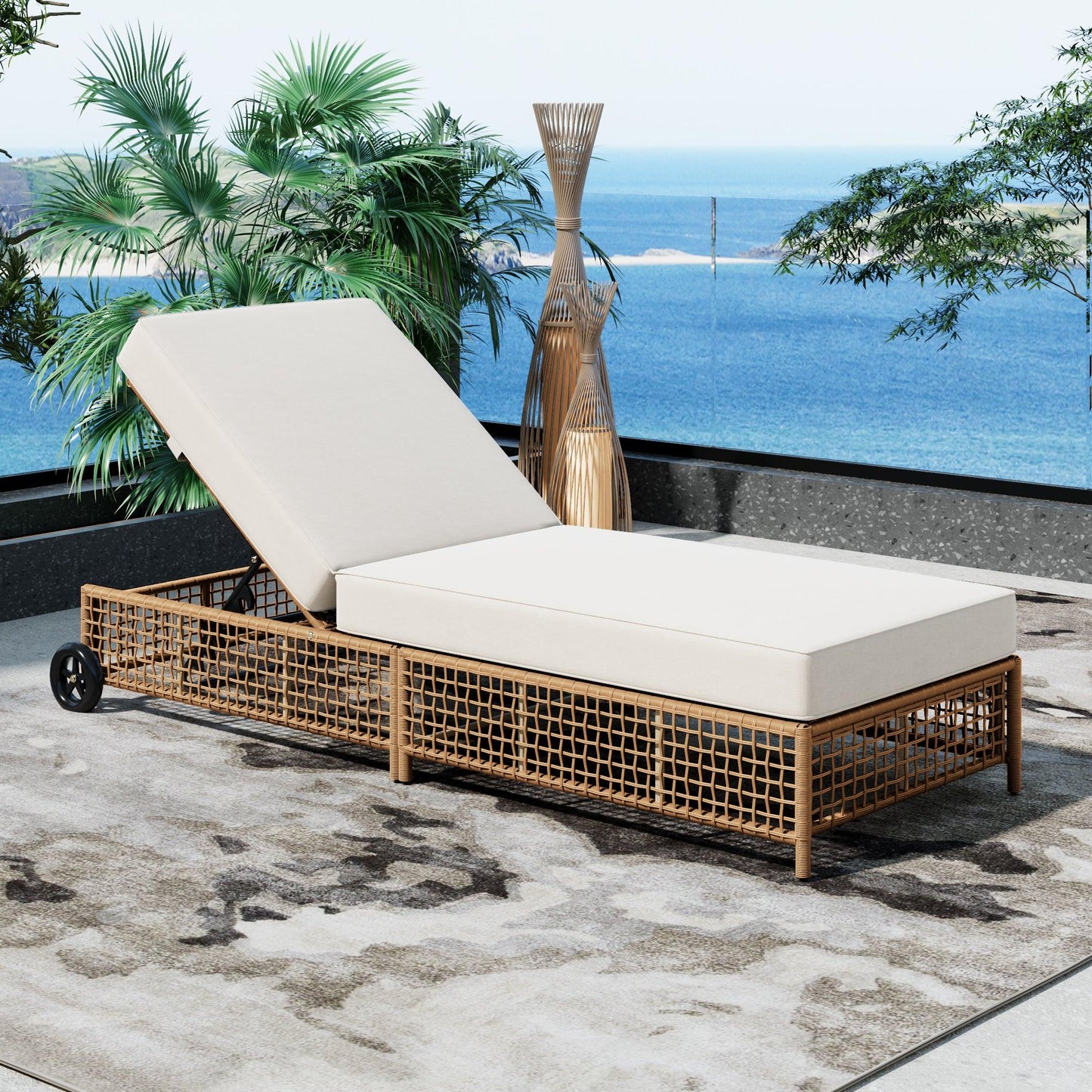 Outdoor Lounge Chair, Patio Chaise Lounge with 5-Position Backrest, Rattan Outdoor Lounge Chair with Cushion and Wheels for Poolside, Backyard, Garden