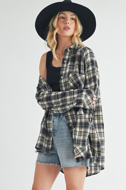 Aemi + Co Plaid Button Up Flannel Shirt with Chest Pocket