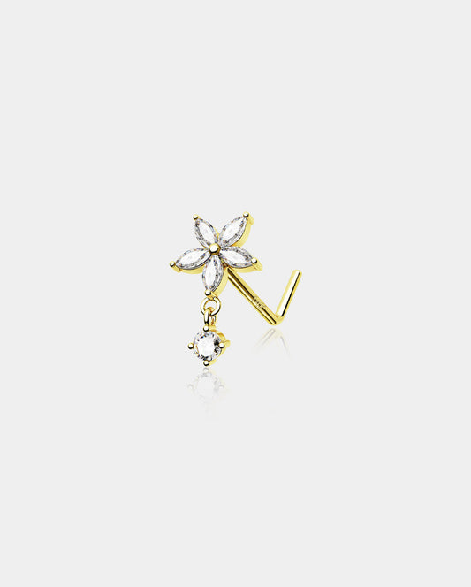 14K Gold CZ Flower L-Shape Dangle Nose Stud