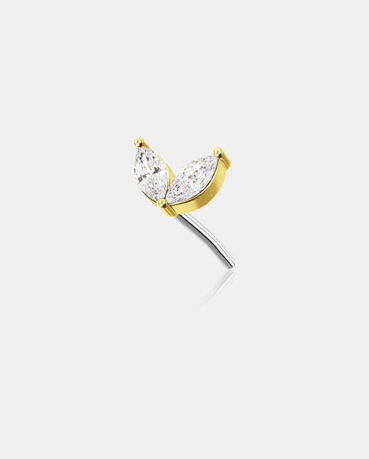 14K Gold CZ Two Leaves Threadless Cartilage Earring