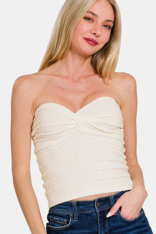 Zenana Ruched Twisted Sweetheart Neck Top for Women