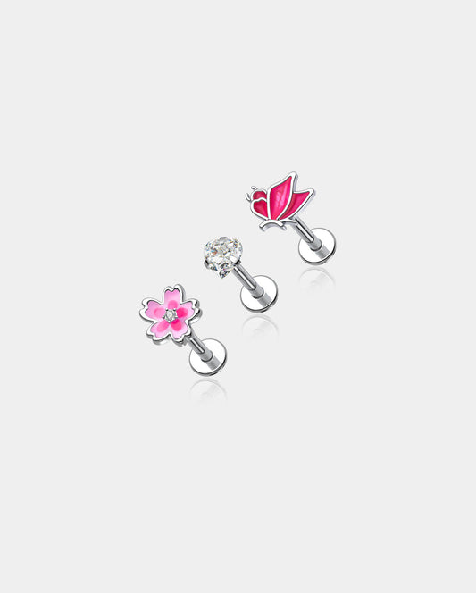 3PCS Flower Butterfly Internally Threaded Helix Studs