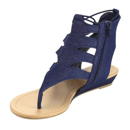 Dartina: Elastic Lace Side Zipper Backless Wedge Sandal in Denim Blue
