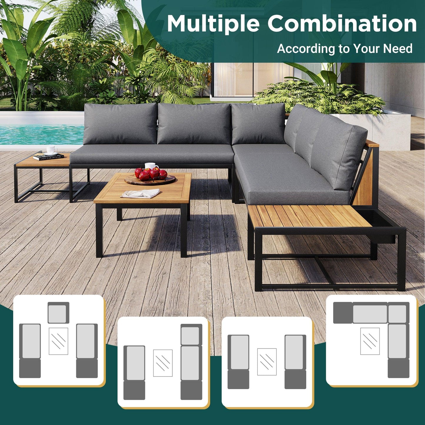 Patio Furniture Set with Loveseats, 4 Pieces Outdoor Sofa Set with Waterproof Cushions, Durable Iron-Wood Design for Garden, Backyard, Poolside