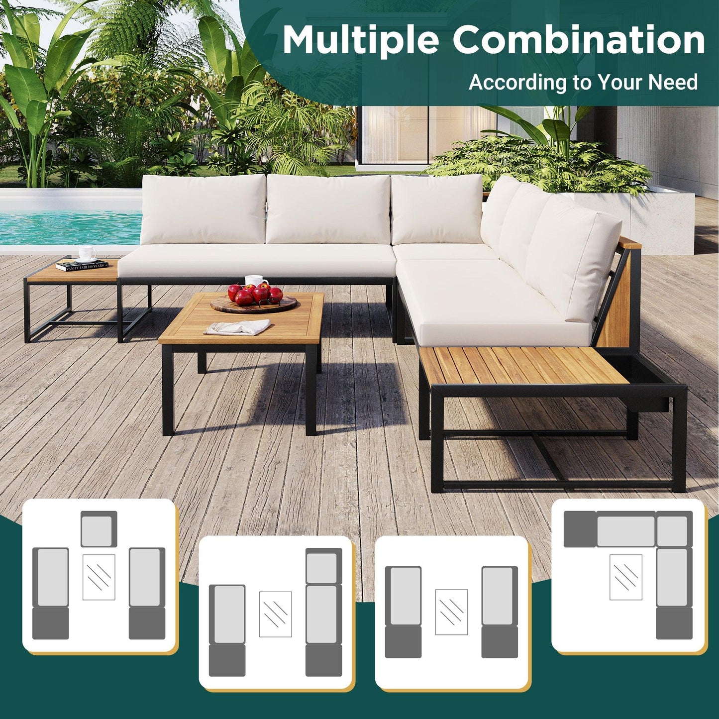 Patio Furniture Set with Loveseats, 4 Pieces Outdoor Sofa Set with Waterproof Cushions, Durable Iron-Wood Design for Garden, Backyard, Poolside