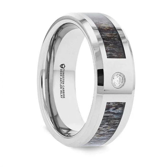 COLTON Tungsten Carbide Ring Ombre Deer Antler Inlay Polished Beveled Edges with Diamond - 8mm