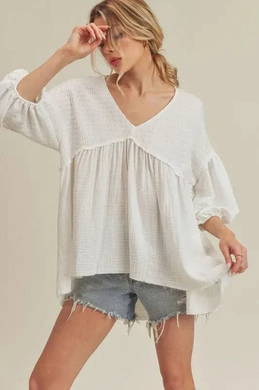 Aemi + Co High-Low Frayed Hem V-Neck Blouse for Women