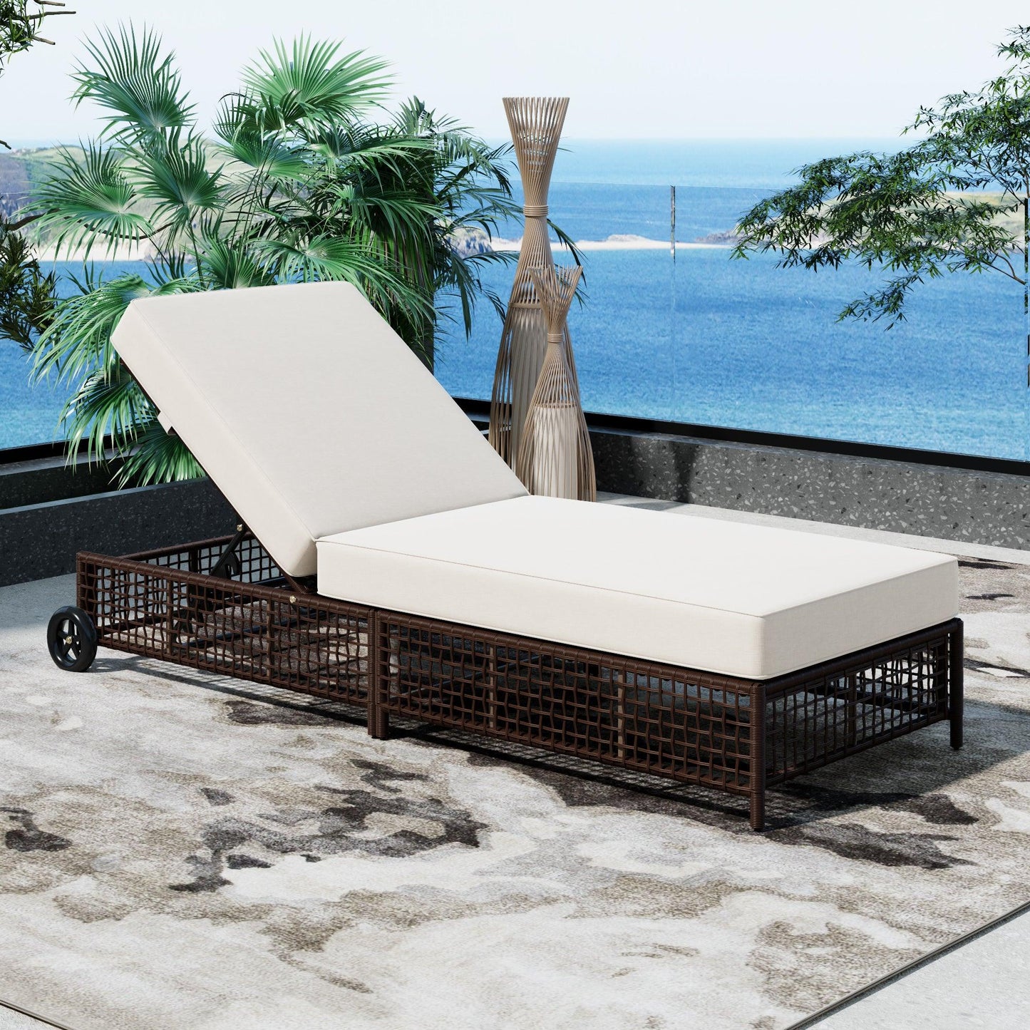 Outdoor Lounge Chair, Patio Chaise Lounge with 5-Position Backrest, Rattan Outdoor Lounge Chair with Cushion and Wheels for Poolside, Backyard, Garden