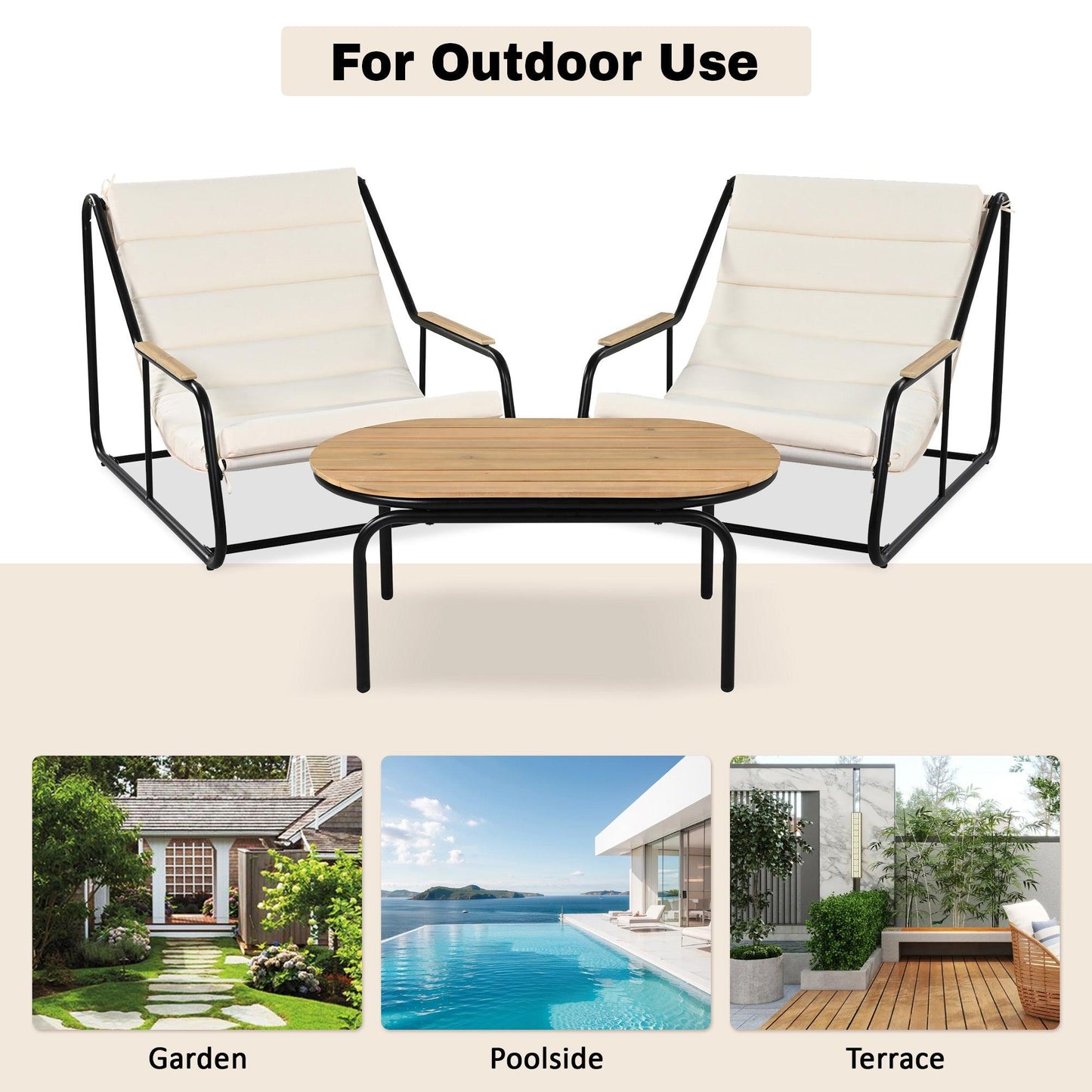 Outdoor Chaise Lounge Chairs Set of 3 with Acacia Side Table, Pool Lounge Chairs for Lawn, Deck, Beach