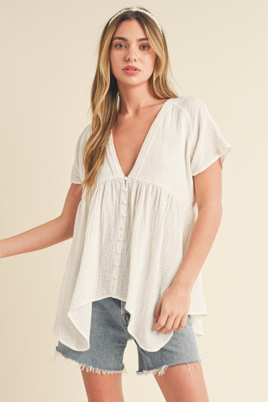 Aemi + Co Tuck Detail V-Neck Short Sleeve Blouse For Women