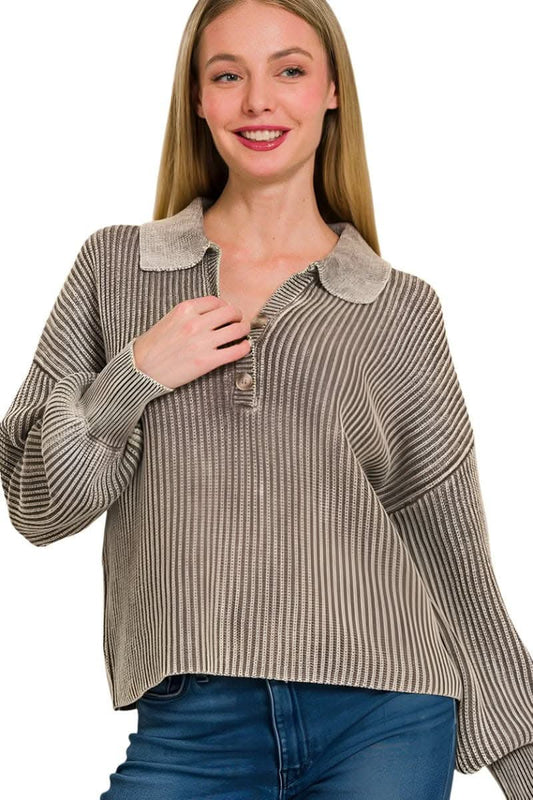 Zenana half button long sleeve top