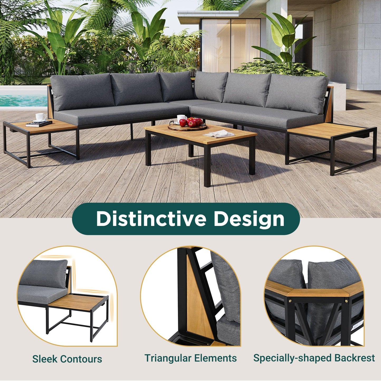 Patio Furniture Set with Loveseats, 4 Pieces Outdoor Sofa Set with Waterproof Cushions, Durable Iron-Wood Design for Garden, Backyard, Poolside