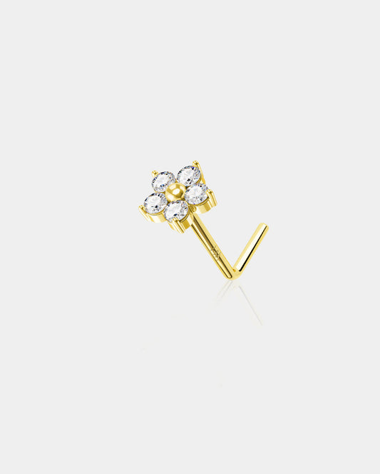 14K Gold CZ Flower L-Shaped Nose Stud