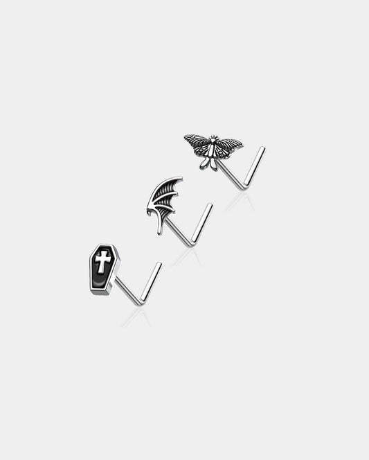 3PCS Coffin/MothBat/Wing Nose Studs Set