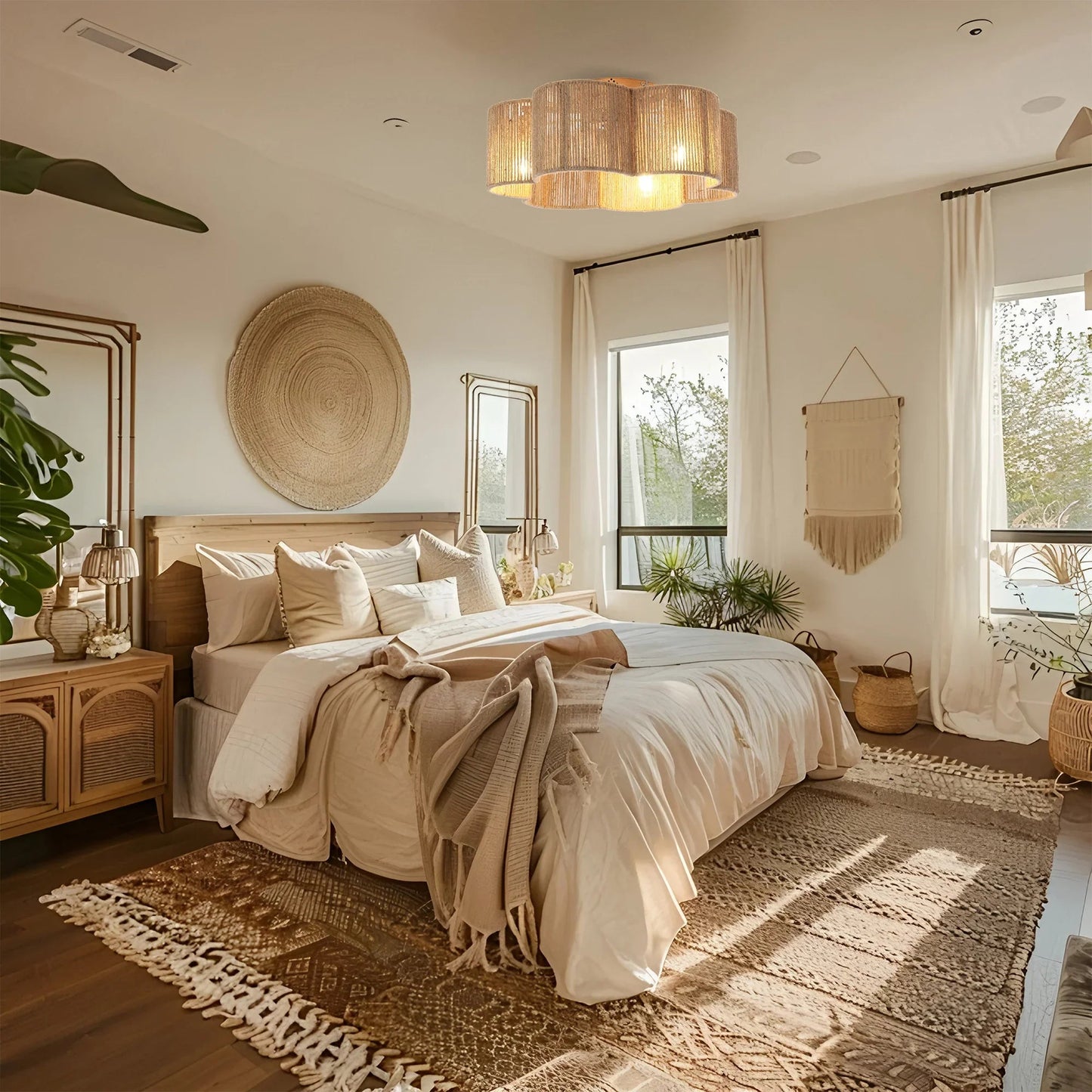 21 Inch Golden Flower-shape Farmhouse Rattan Flush Mount Ceiling Fan with Light APP and Remote Control