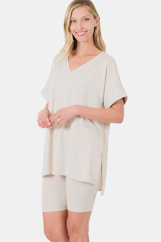 Zenana plus size v-neck tee & shorts set