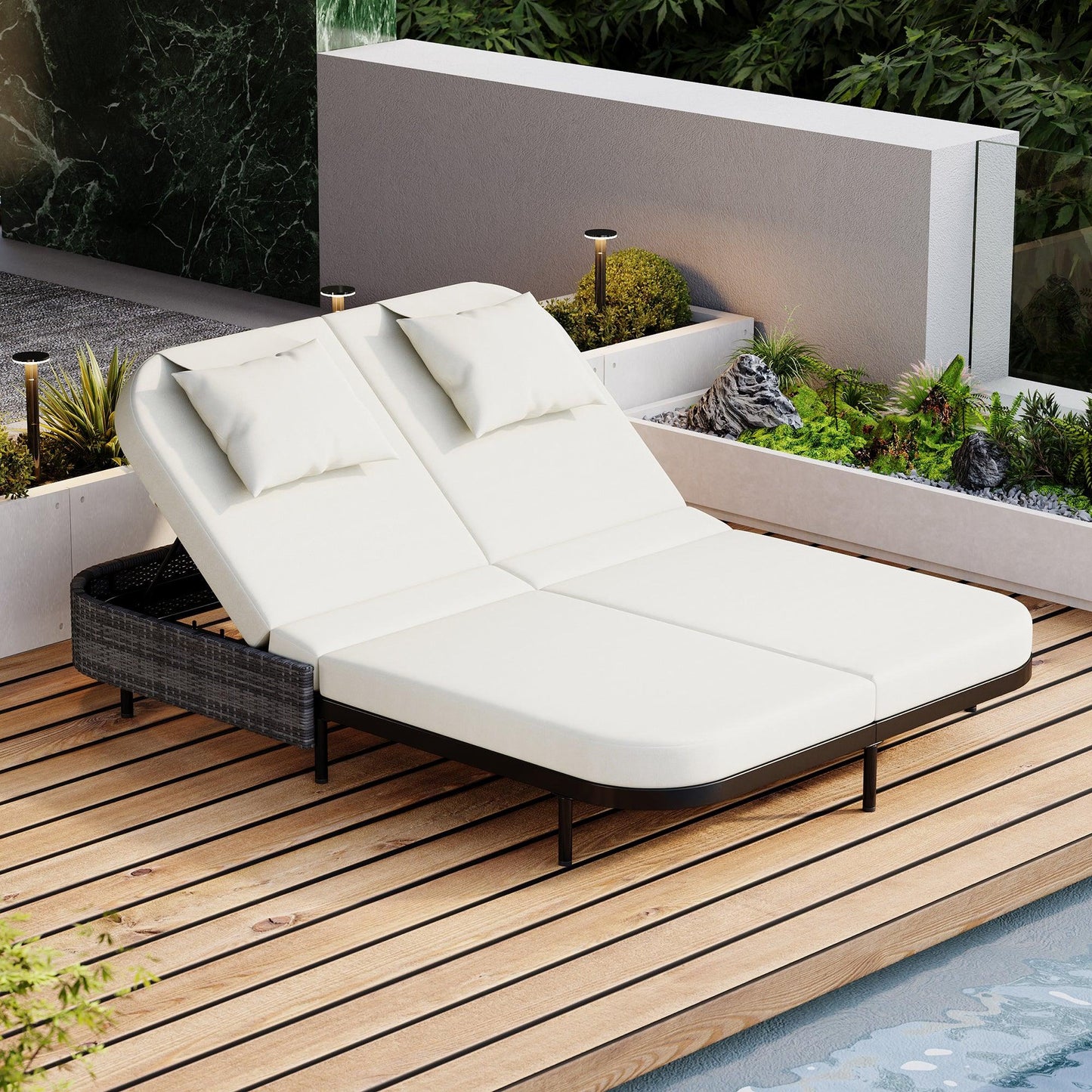 Outdoor Daybed, Patio Rattan Daybed with 5-Position Adjustable Backrest and Removable Cushions & Pillows for Garden, Backyard, Poolside