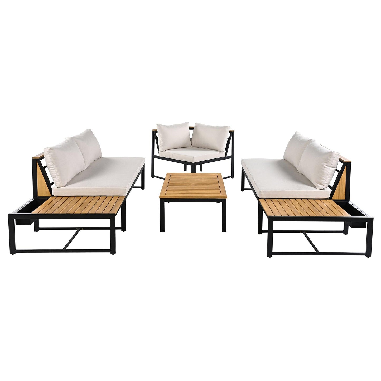 Patio Furniture Set with Loveseats, 4 Pieces Outdoor Sofa Set with Waterproof Cushions, Durable Iron-Wood Design for Garden, Backyard, Poolside