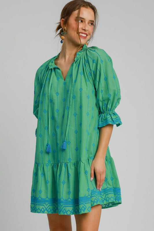 Umgee Full Size Tassel Embroidered Flounce Sleeve Mini Dress