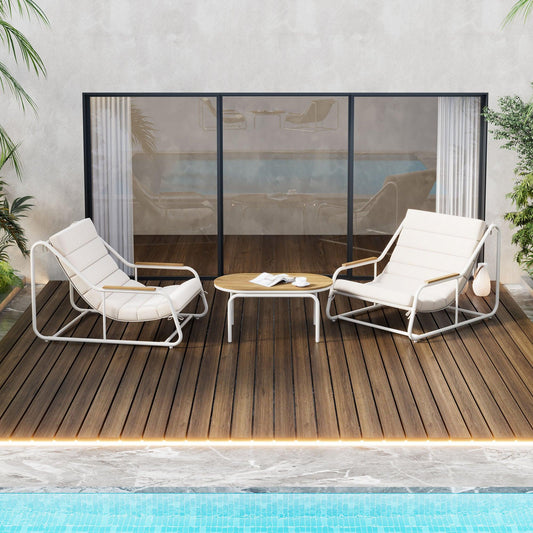 Outdoor Chaise Lounge Chairs Set of 3 with Acacia Side Table, Pool Lounge Chairs for Lawn, Deck, Beach