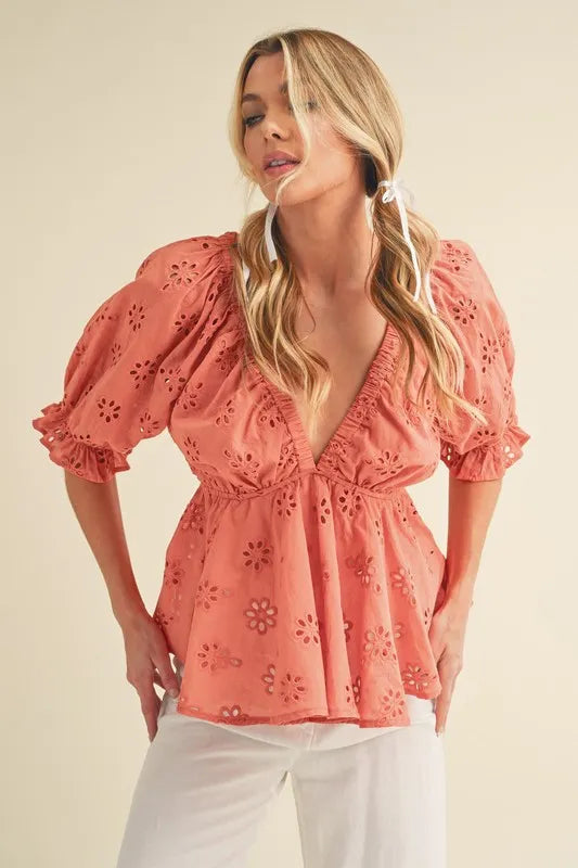Aemi + Co Eyelet Embroidered V-Neck Peplum Blouse