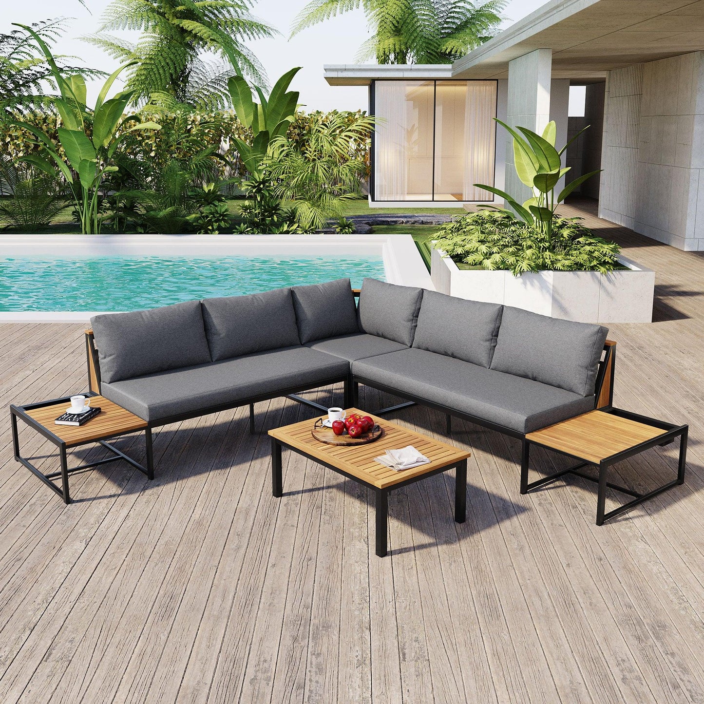 Patio Furniture Set with Loveseats, 4 Pieces Outdoor Sofa Set with Waterproof Cushions, Durable Iron-Wood Design for Garden, Backyard, Poolside