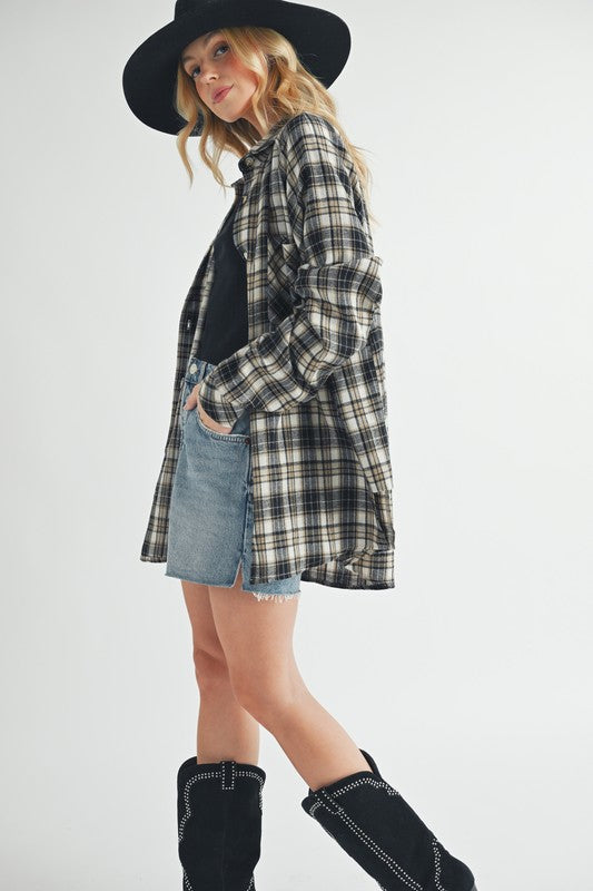Aemi + Co Plaid Button Up Flannel Shirt with Chest Pocket