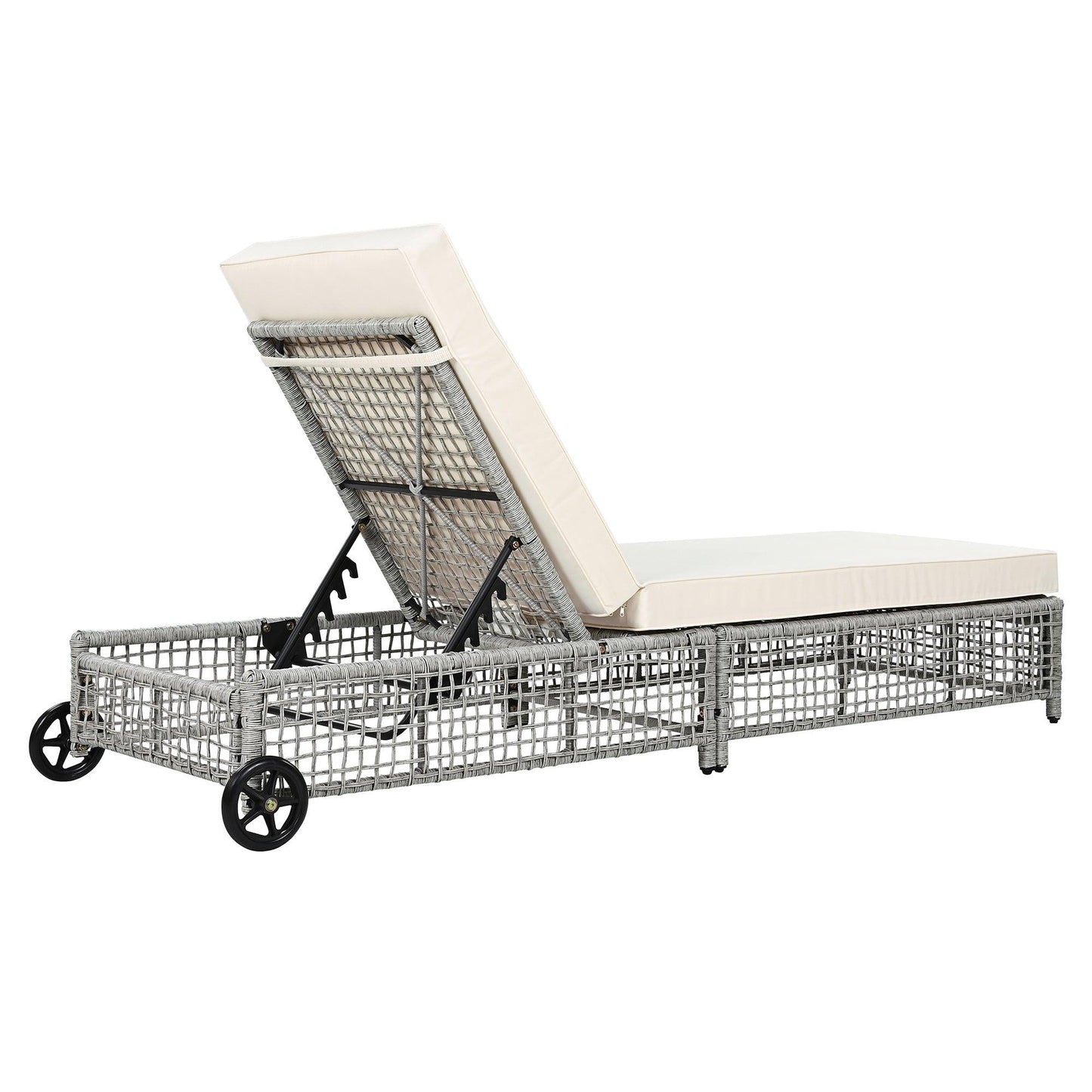 Outdoor Lounge Chair, Patio Chaise Lounge with 5-Position Backrest, Rattan Outdoor Lounge Chair with Cushion and Wheels for Poolside, Backyard, Garden