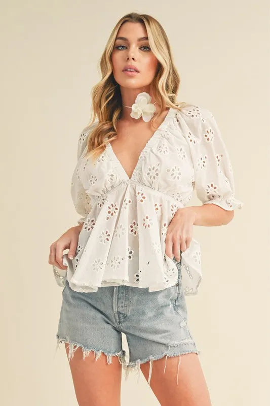 Aemi + Co Eyelet Embroidered V-Neck Peplum Blouse