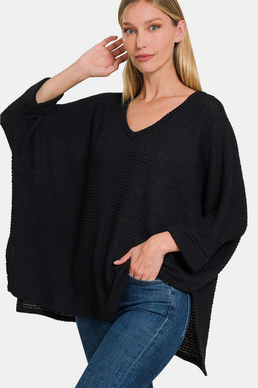 Zenana Full Size Waffle Knit V-Neck Long Sleeve Top