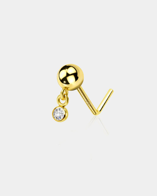 14K Gold CZ Dangle L-Shaped Nose Stud