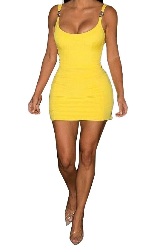Metal button slim fit open back sleeveless dress