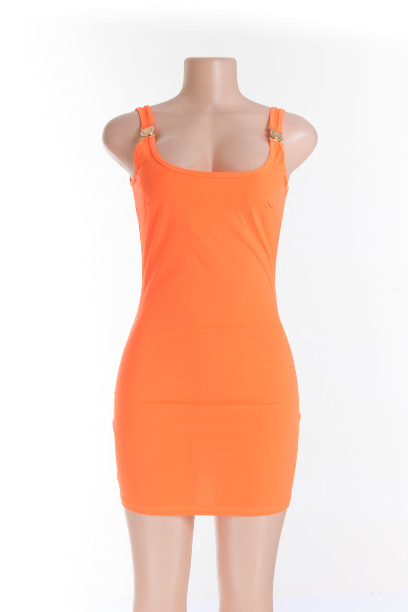 Metal button slim fit open back sleeveless dress