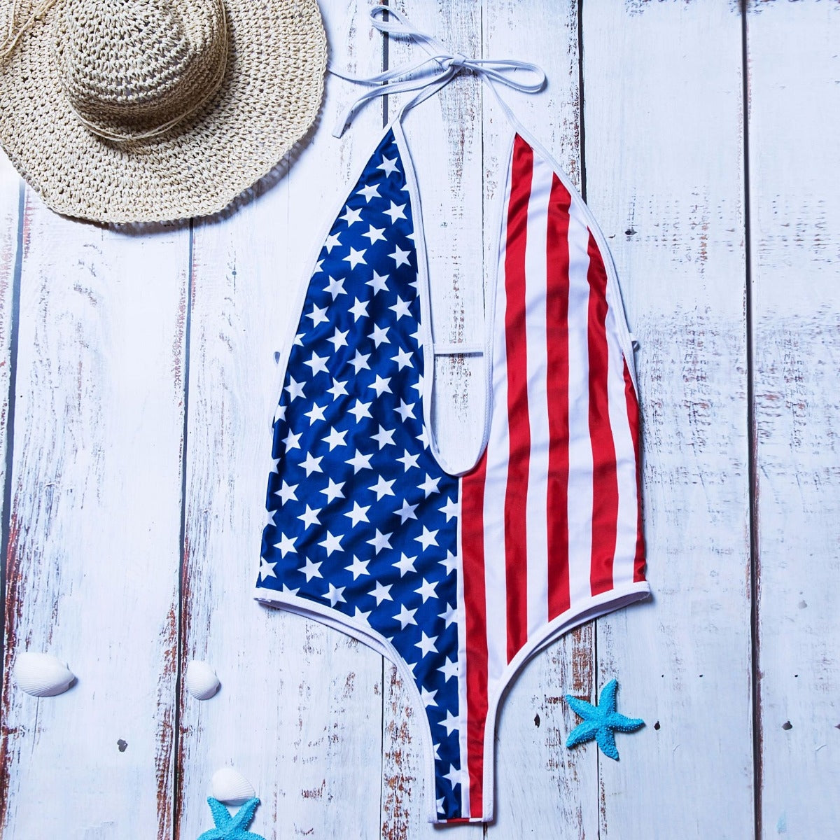 American flag printing padded halter-neck sexy one-piece swimsuit