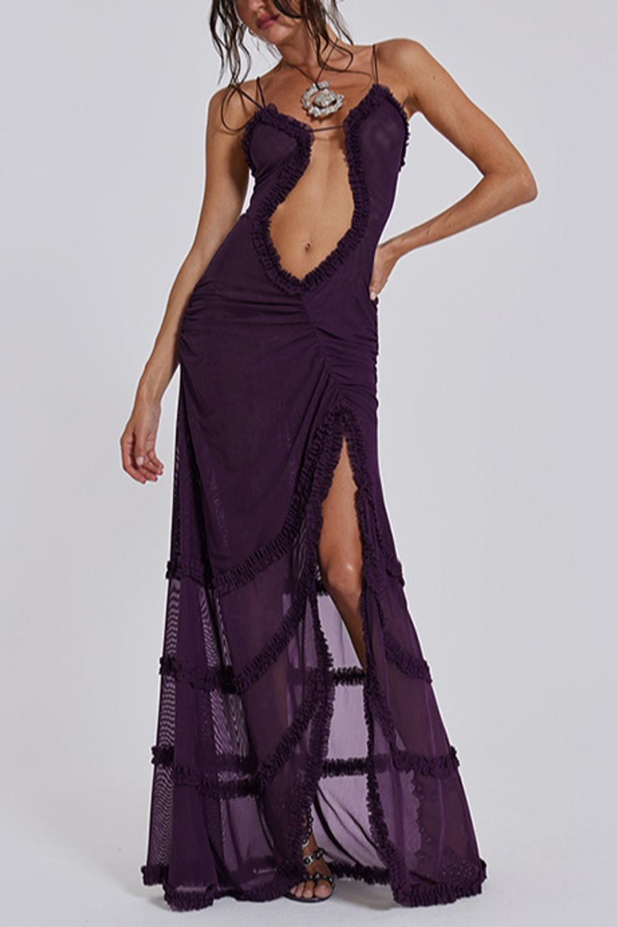 Sexy slight stretch solid color mesh sling slit maxi dress