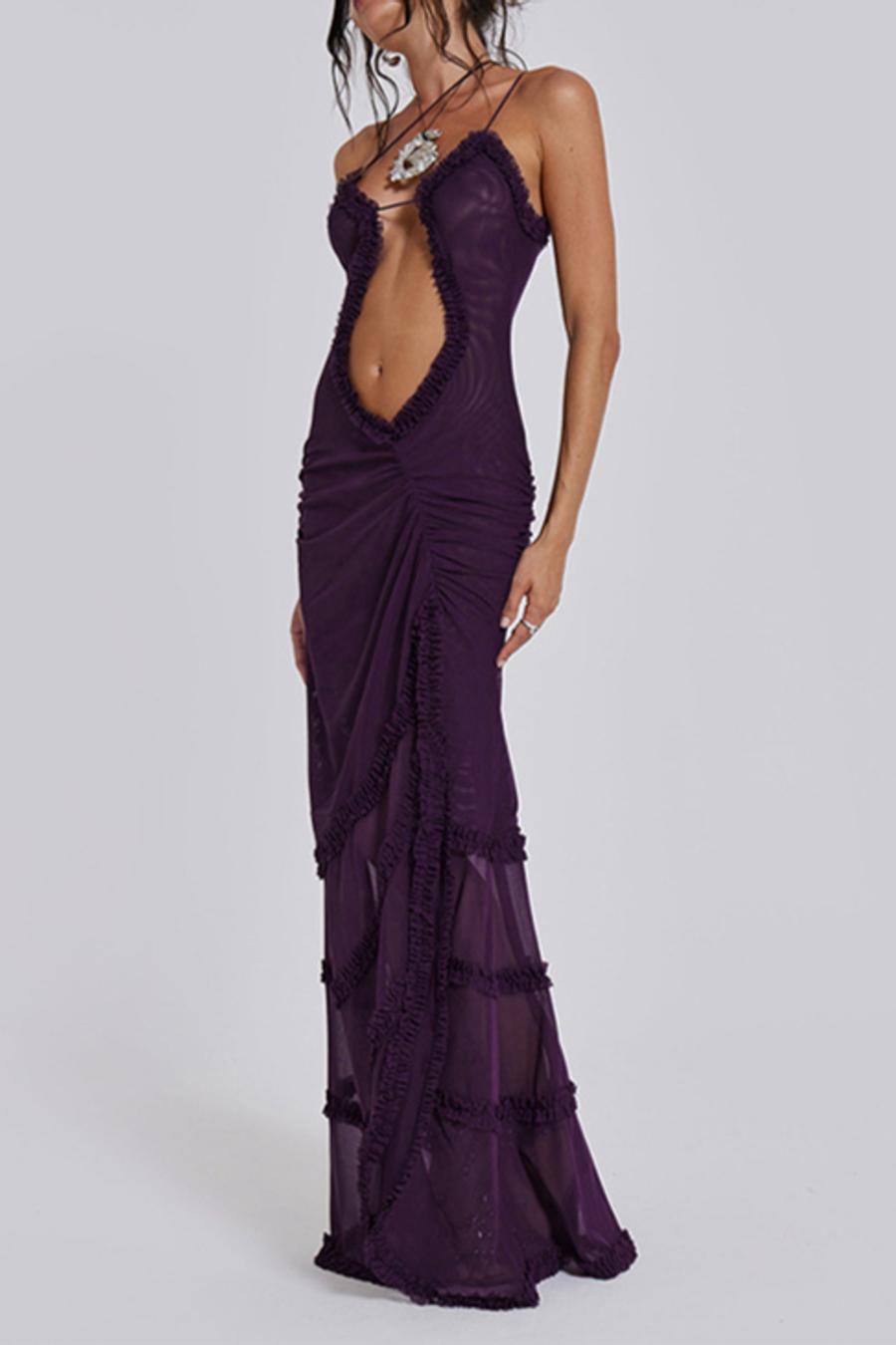 Sexy slight stretch solid color mesh sling slit maxi dress