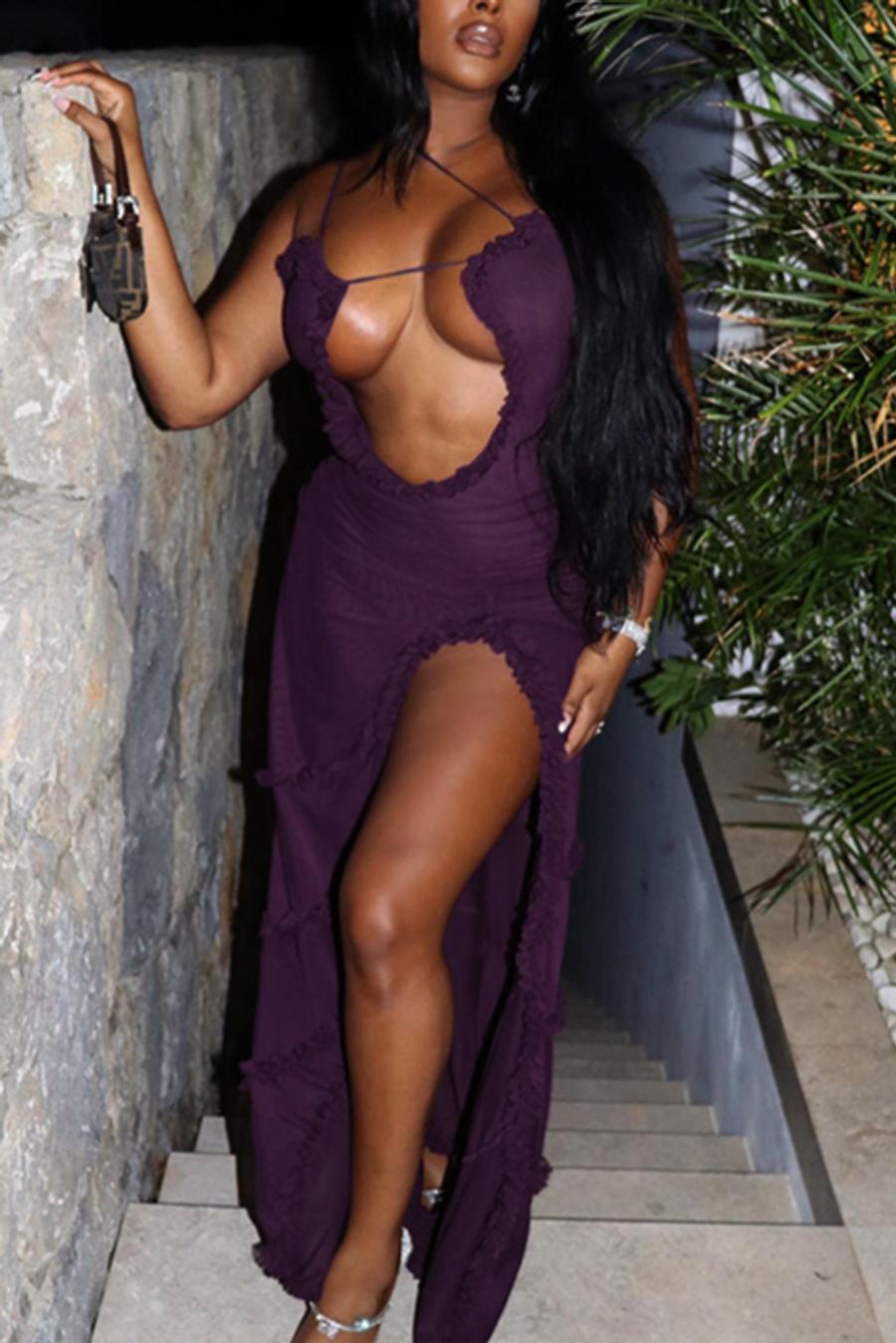 Sexy slight stretch solid color mesh sling slit maxi dress