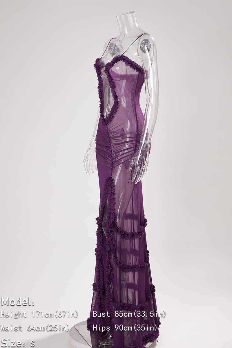 Sexy slight stretch solid color mesh sling slit maxi dress