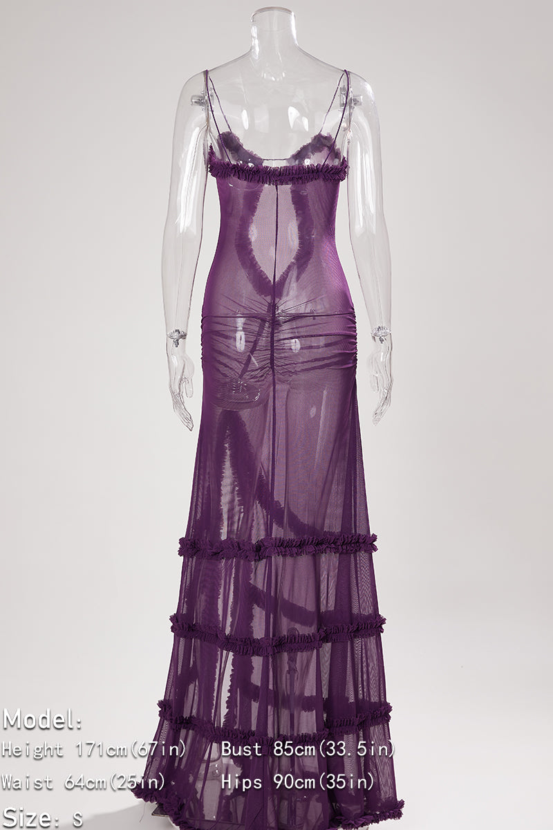 Sexy slight stretch solid color mesh sling slit maxi dress