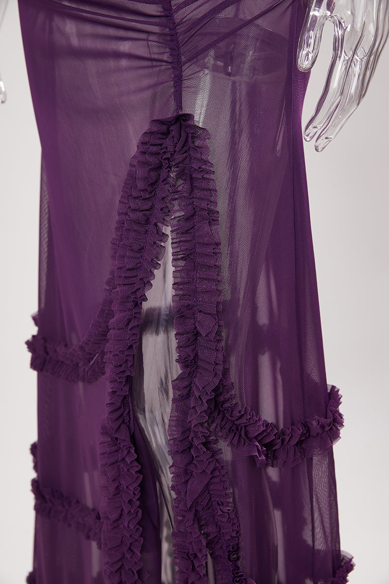 Sexy slight stretch solid color mesh sling slit maxi dress
