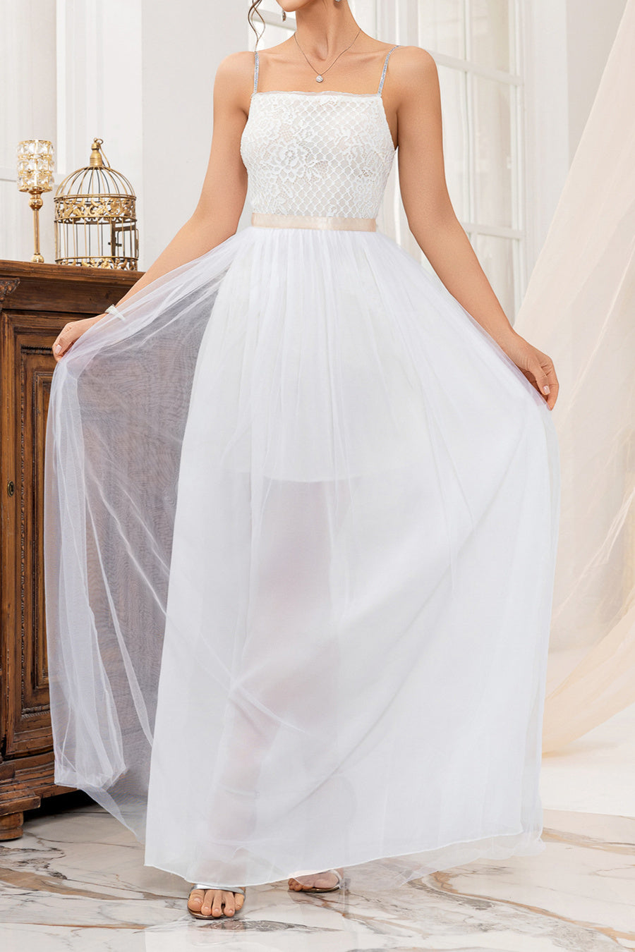 Elegant non-stretch sling lace mesh stitching maxi dress