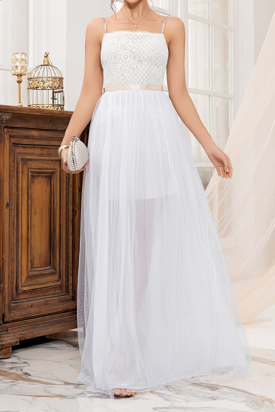 Elegant non-stretch sling lace mesh stitching maxi dress