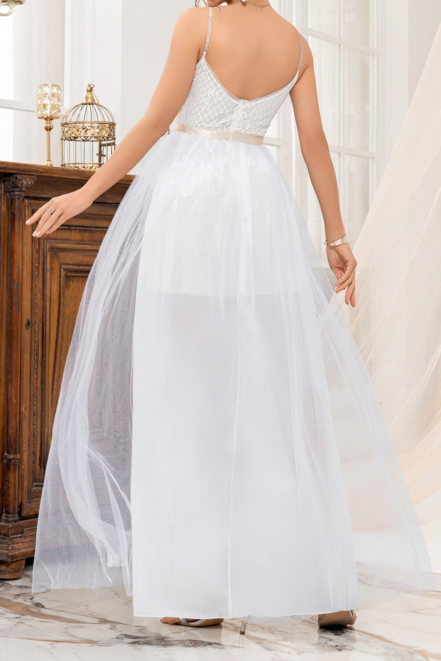 Elegant non-stretch sling lace mesh stitching maxi dress