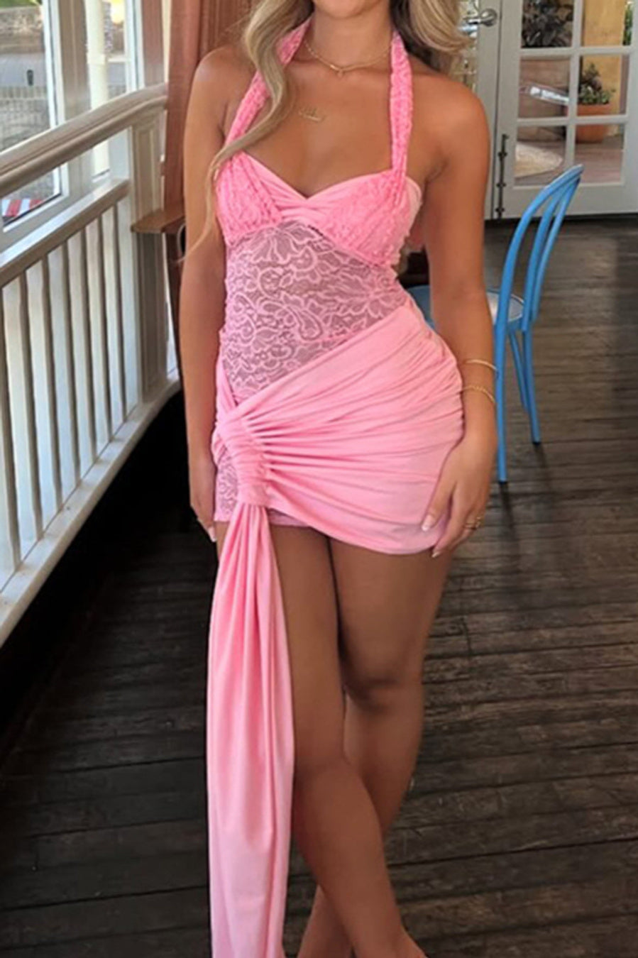 Sexy slight stretch stitching see-through lace halter-neck mini dress