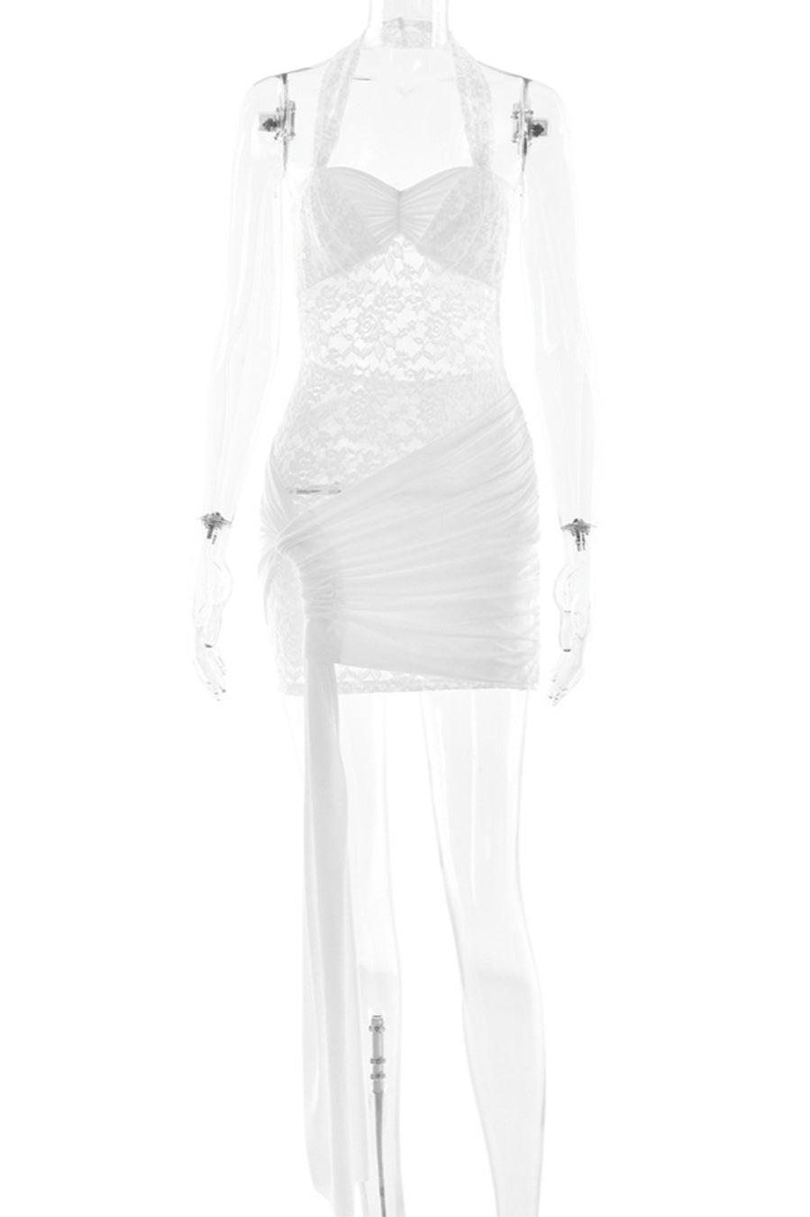Sexy slight stretch stitching see-through lace halter-neck mini dress
