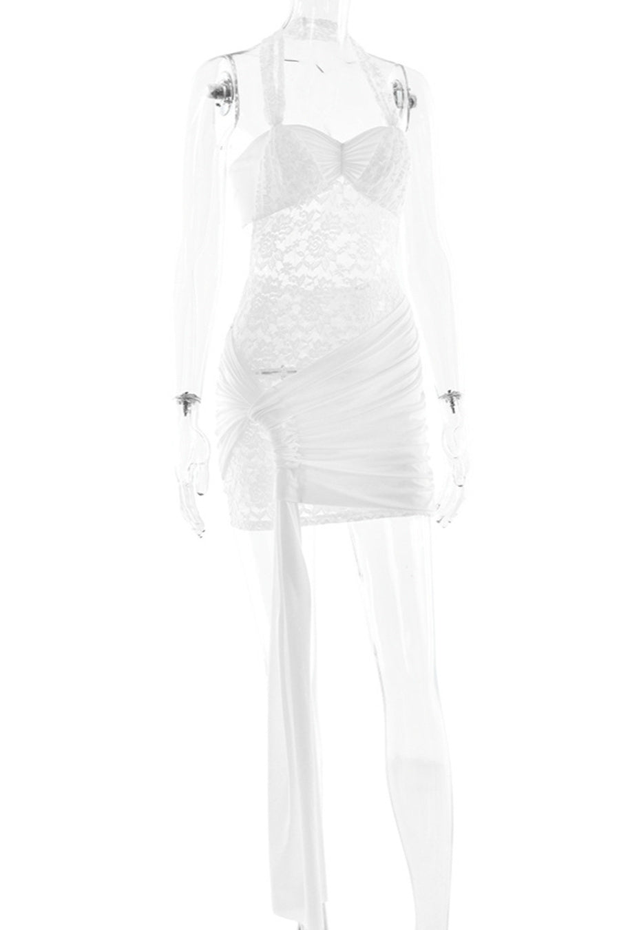 Sexy slight stretch stitching see-through lace halter-neck mini dress